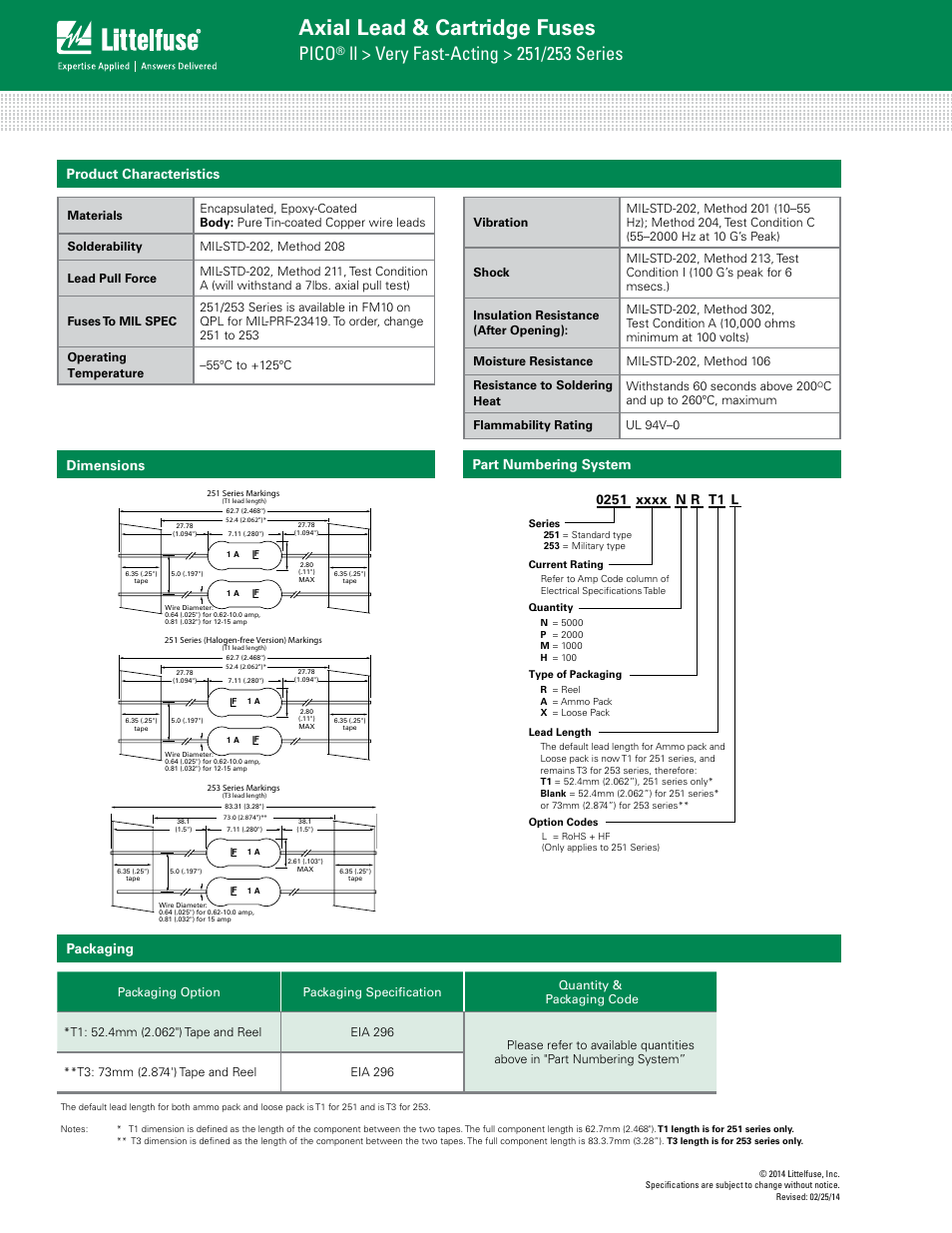Axial lead & cartridge fuses, Pico, Product characteristics | Dimensions packaging part numbering system | Littelfuse 253 Series PICO II User Manual | Page 4 / 4