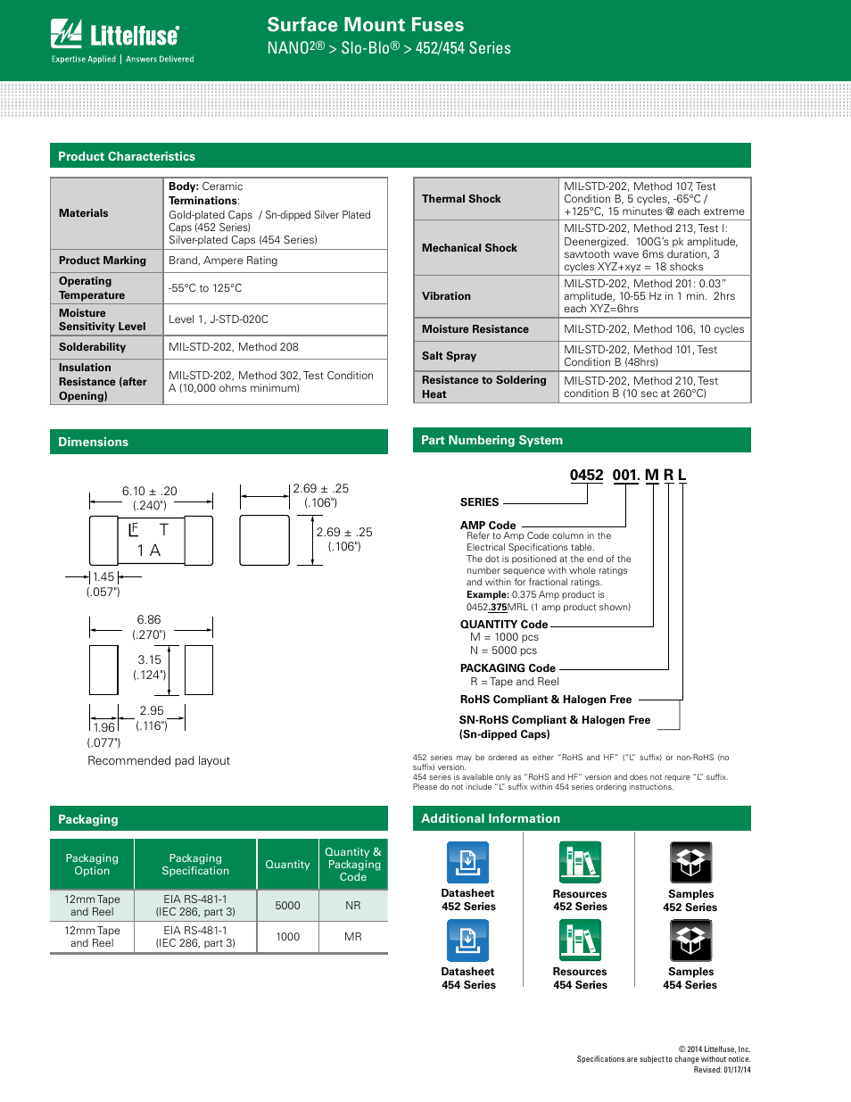 Surface mount fuses, Nano, Slo-blo | 1 a t | Littelfuse 452 Series User Manual | Page 3 / 3