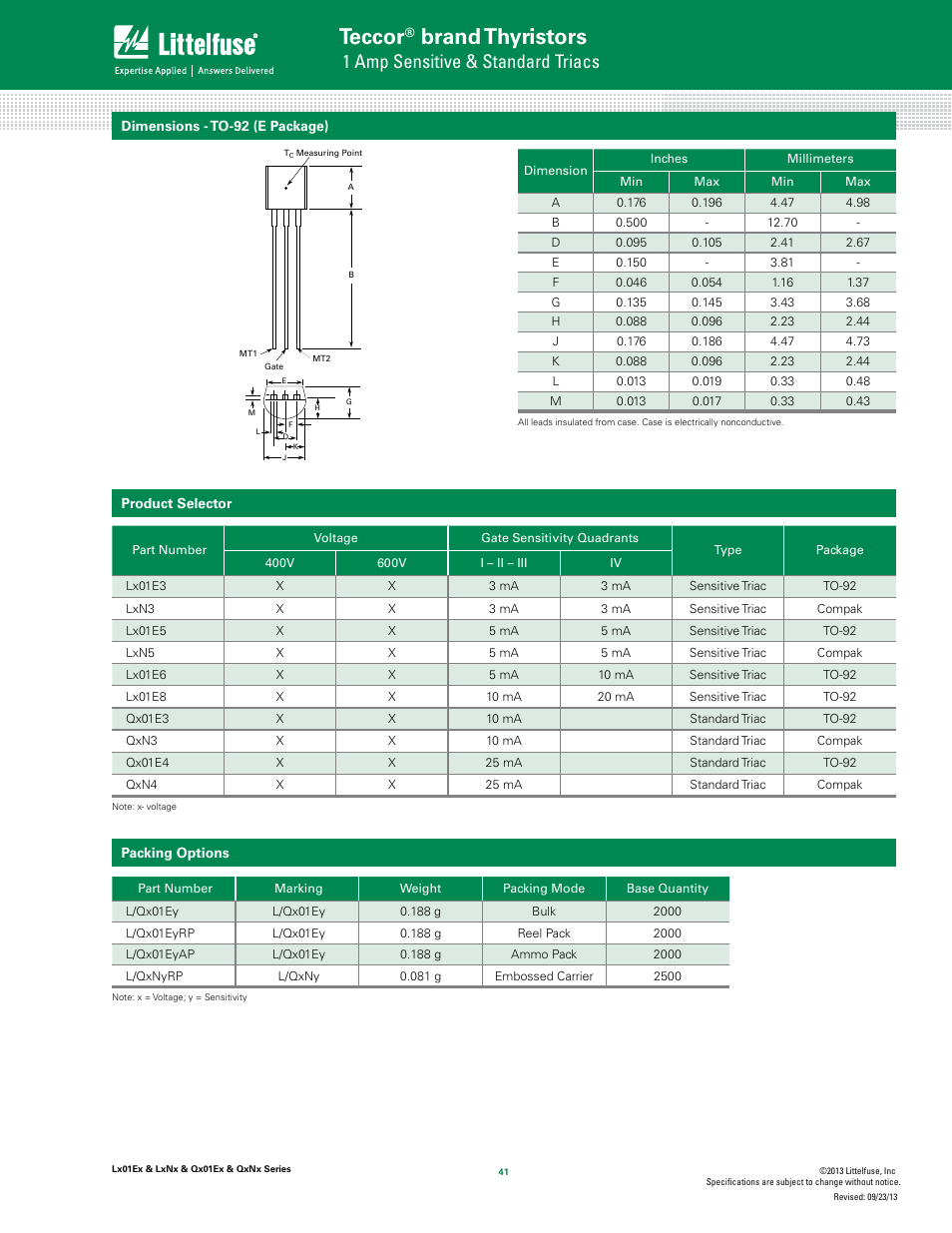 Teccor, Brand thyristors, 1 amp sensitive & standard triacs | Littelfuse QxNx Series User Manual | Page 7 / 9