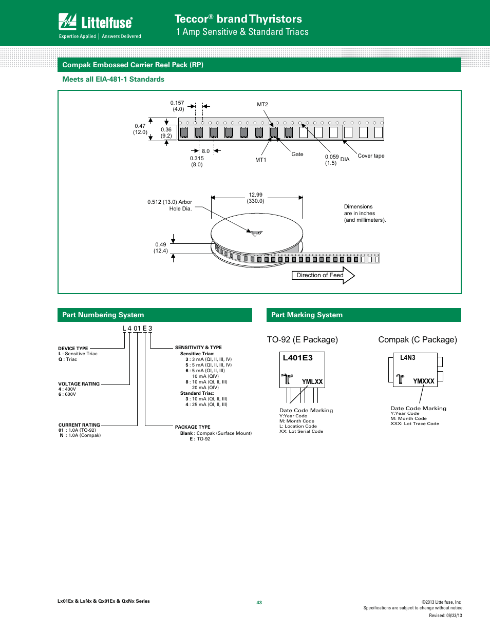 Teccor, Brand thyristors, 1 amp sensitive & standard triacs | To-92 (e package), Compak (c package) | Littelfuse QxNx Series User Manual | Page 9 / 9