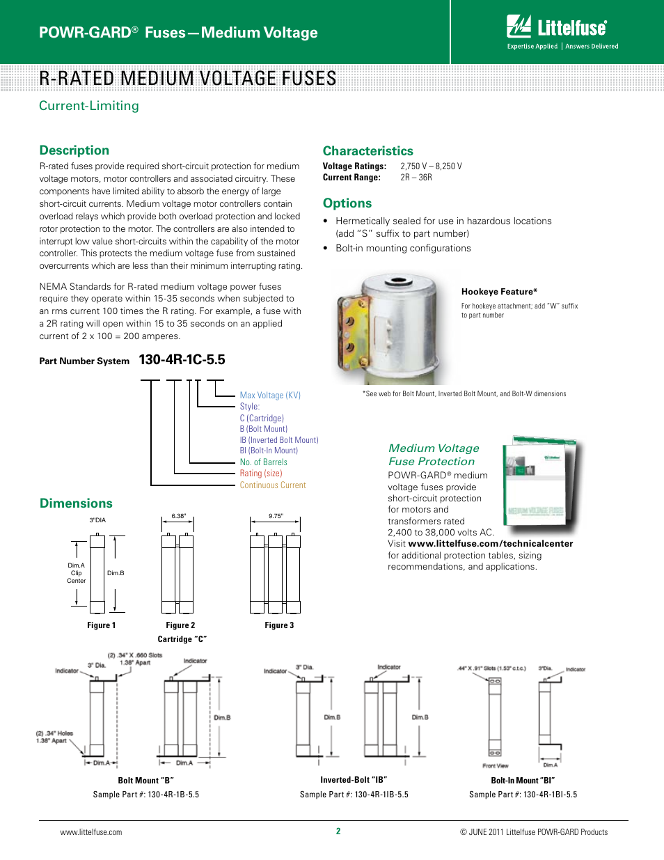 R-rated medium voltage fuses, Powr-gard, Fuses—medium voltage | 4r-1c-5.5, Current-limiting description, Characteristics, Options, Dimensions | Littelfuse 700-xxx Series User Manual | Page 2 / 10