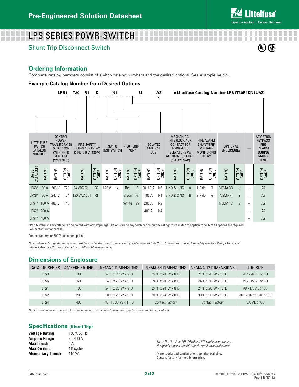 Lps series powr-switch, Pre-engineered solution datasheet, Shunt trip disconnect switch | Specifications, Dimensions of enclosure, Ordering information, Example catalog number from desired options | Littelfuse LPS Series POWr-SWitch User Manual | Page 2 / 2