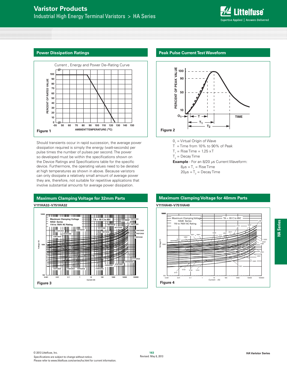 Varistor products, Hi–energy mo v’s, Ha series | Power dissipation ratings, Maximum clamping voltage for 32mm parts, Current , energy and power de–rating curve 0, Rise time = 1.25 x t t, Rise time 20 μ s = t, Decay time, Figure 1 figure 2 figure 3 figure 4 | Littelfuse HA Varistor Series User Manual | Page 3 / 5