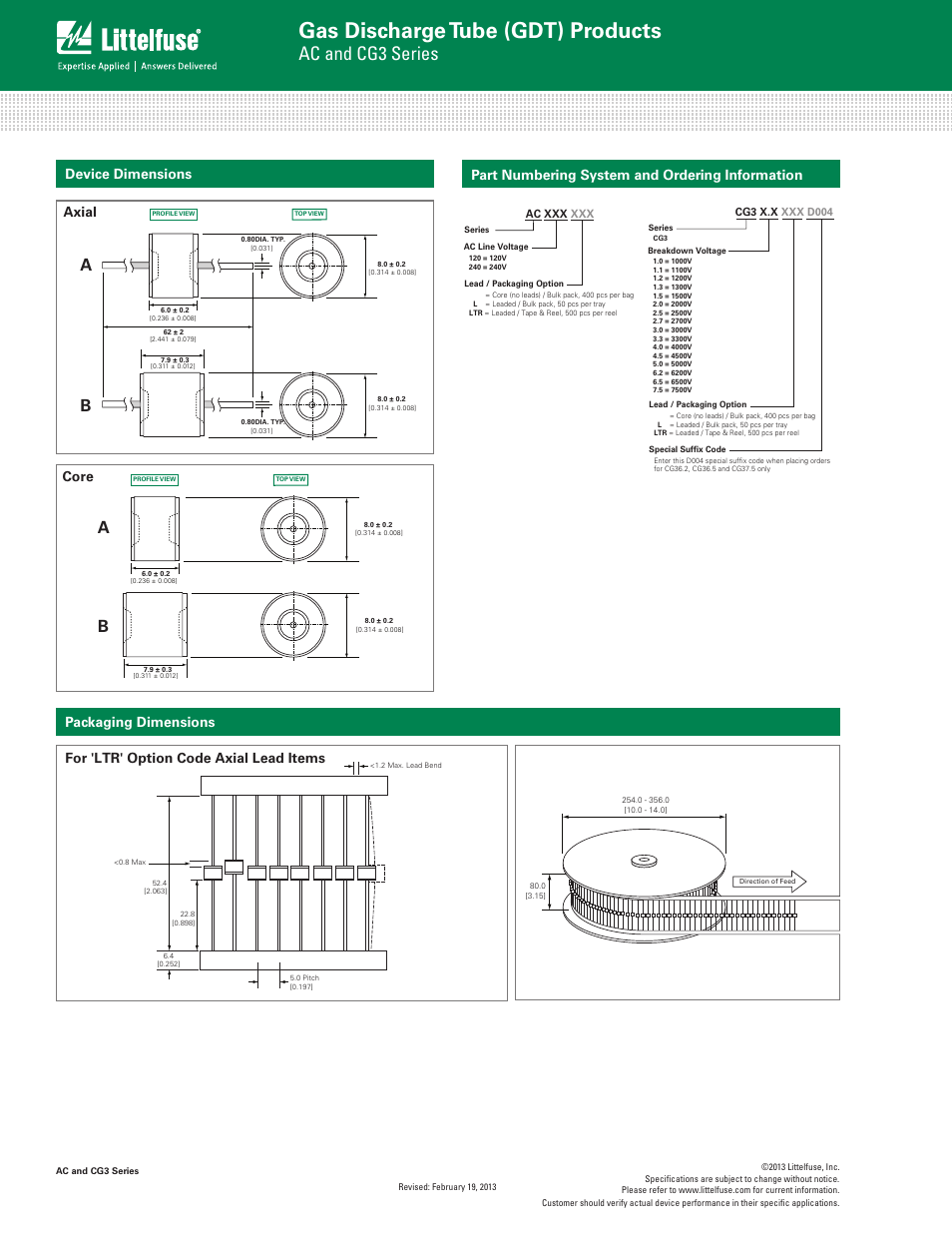 Gas discharge tube (gdt) products, Ac and cg3 series, Packaging dimensions | For 'ltr' option code axial lead items, Device dimensions axial | Littelfuse CG3 Series User Manual | Page 4 / 4