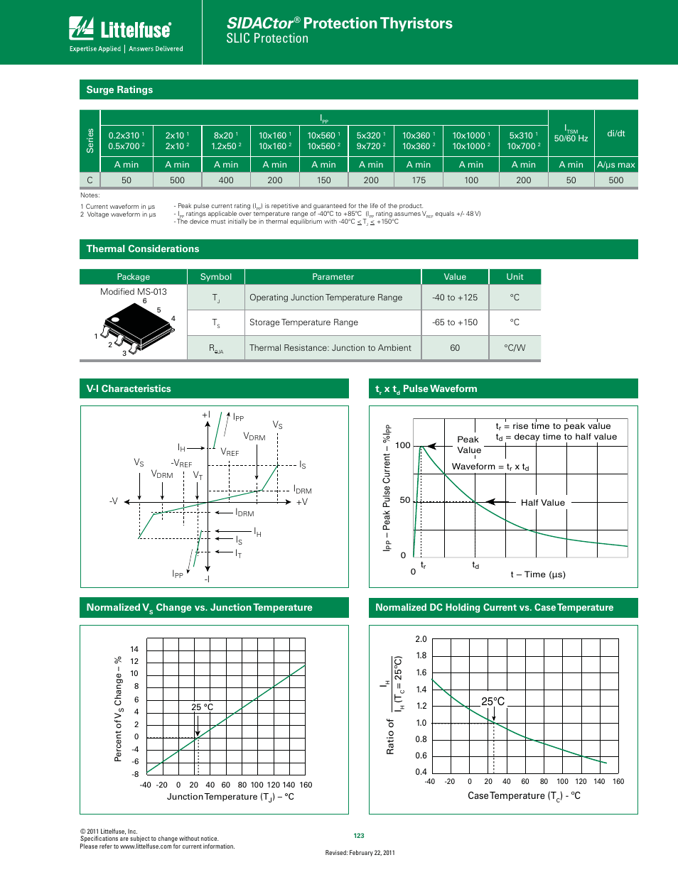 Sidactor, Protection thyristors, Slic protection | 25°c | Littelfuse Battrax Series MS-013 Positive_Negative User Manual | Page 2 / 4