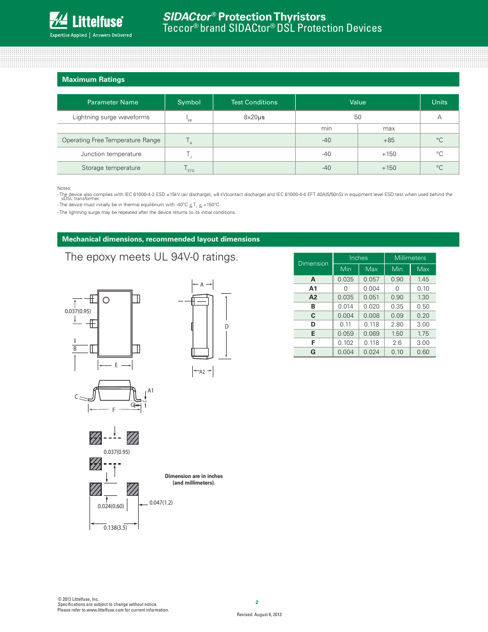Sidactor, Protection thyristors, Teccor | Brand sidactor, Dsl protection devices, The epoxy meets ul 94v-0 ratings | Littelfuse SDP Series SOT23-5 User Manual | Page 2 / 6
