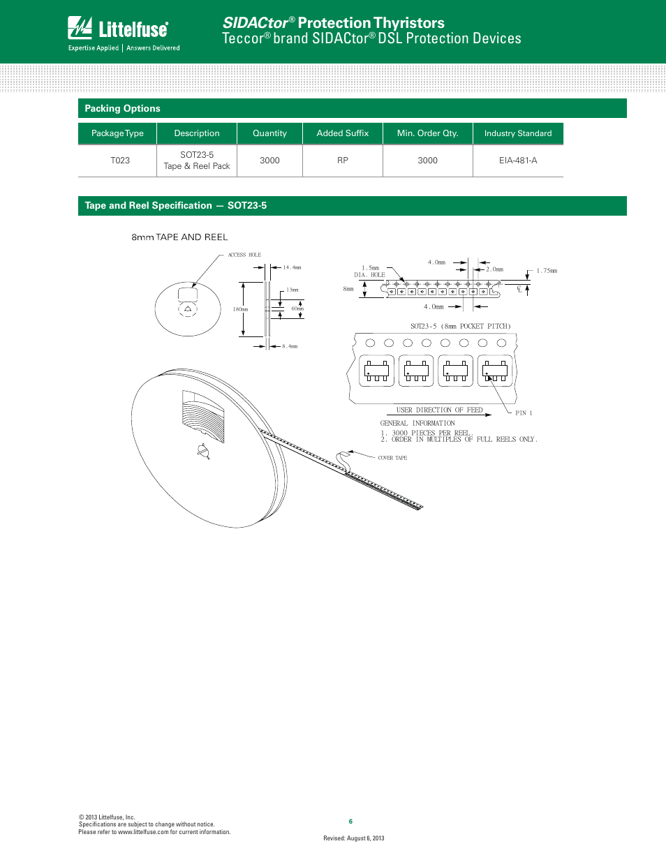 Sidactor, Protection thyristors, Teccor | Brand sidactor, Dsl protection devices | Littelfuse SDP Series SOT23-5 User Manual | Page 6 / 6