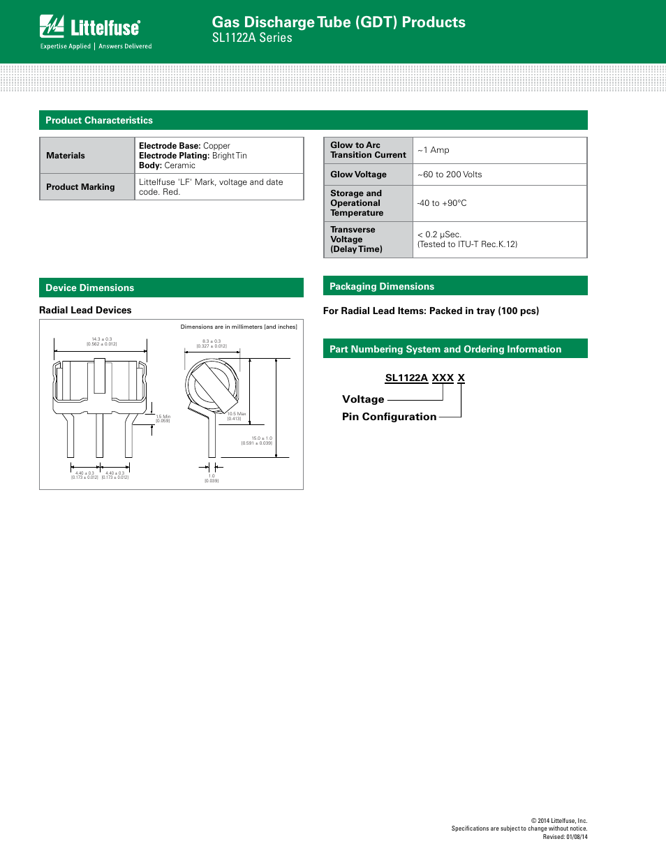 Gas discharge tube (gdt) products, Sl1122a series, Device dimensions radial lead devices | Product characteristics | Littelfuse SL1122 Series User Manual | Page 2 / 3