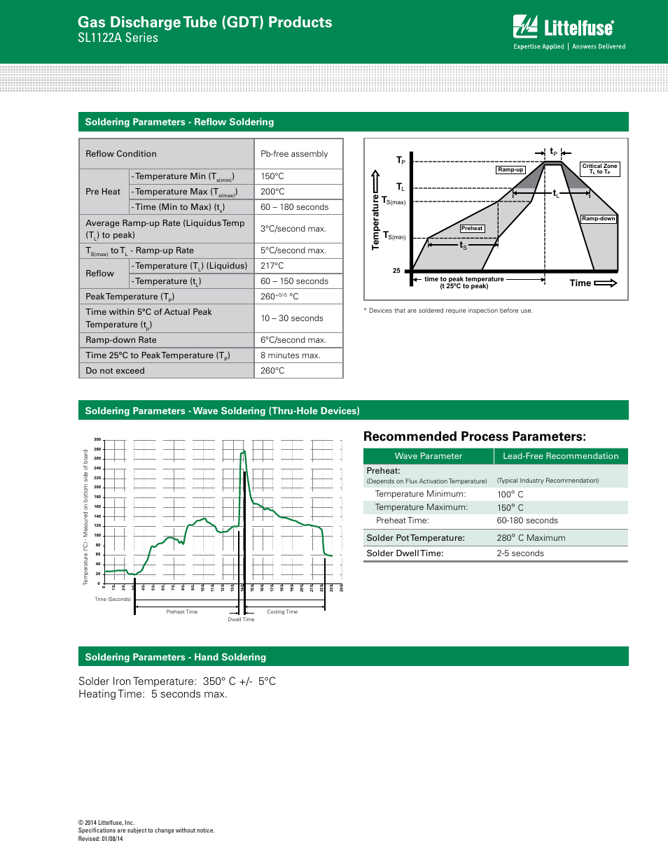 Gas discharge tube (gdt) products, Sl1122a series, Recommended process parameters | Soldering parameters - reflow soldering, Time te mperatur e t | Littelfuse SL1122 Series User Manual | Page 3 / 3