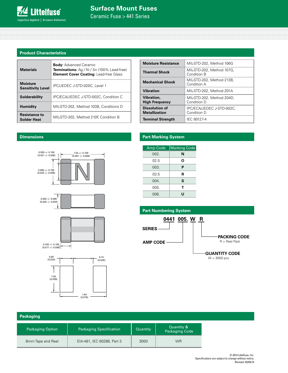 Surface mount fuses, Ceramic fuse > 441 series | Littelfuse 441 Series User Manual | Page 3 / 3
