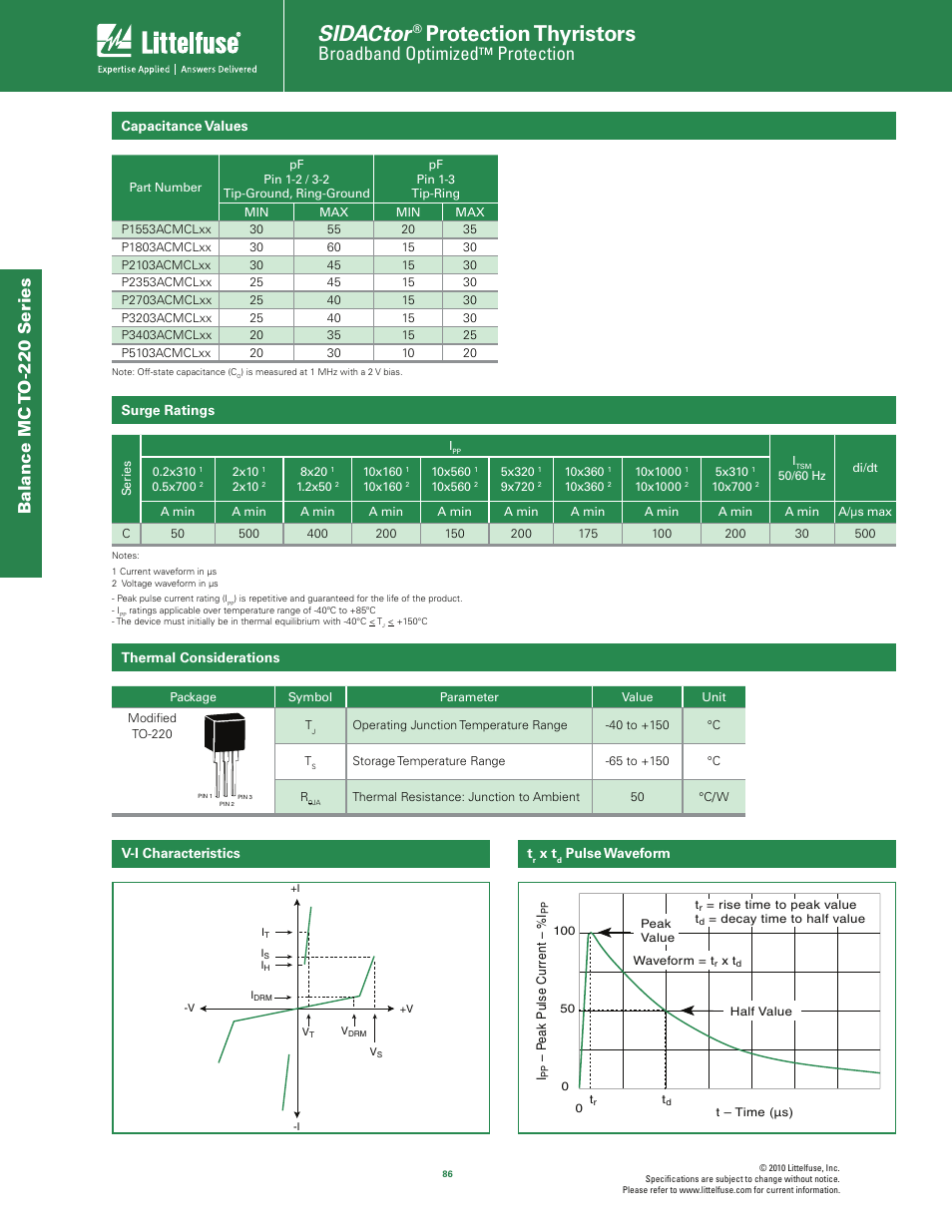 Sidactor, Protection thyristors, Broadband optimized | Protection, Balance mc t o-220 s eries | Littelfuse MC Balanced Series TO-220 User Manual | Page 2 / 4