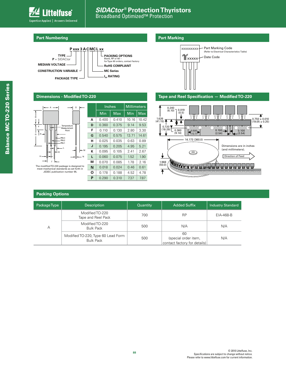 Sidactor, Protection thyristors, Broadband optimized | Protection, Balance mc t o-220 s eries, Part marking, Packing options, Part numbering, Tape and reel speciﬁcation — modiﬁed to-220, Dimensions - modiﬁed to-220 | Littelfuse MC Balanced Series TO-220 User Manual | Page 4 / 4