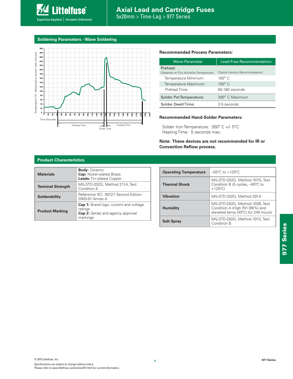 Axial lead and cartridge fuses, 977 series, Soldering parameters - wave soldering | Product characteristics | Littelfuse 977 Series User Manual | Page 3 / 4