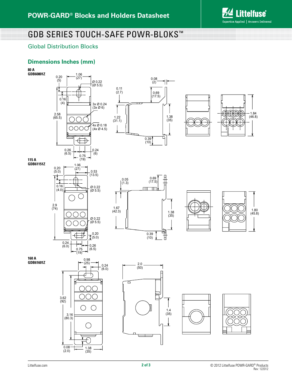 Gdb series touch-safe powr-bloks, Powr-gard, Blocks and holders datasheet | Global distribution blocks, Dimensions inches (mm) | Littelfuse GDB Series User Manual | Page 2 / 3