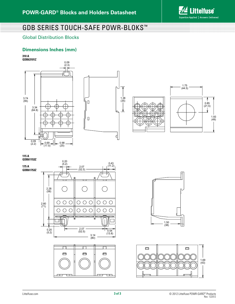 Gdb series touch-safe powr-bloks, Powr-gard, Blocks and holders datasheet | Global distribution blocks dimensions inches (mm) | Littelfuse GDB Series User Manual | Page 3 / 3
