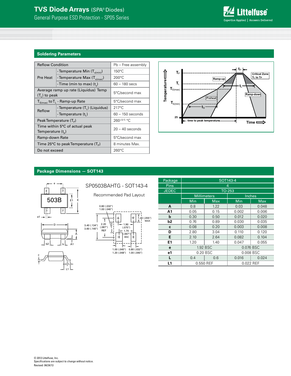 Tvs diode arrays, 503b, General purpose esd protection - sp05 series | Diodes), Soldering parameters package dimensions — sot143, Recommended pad layout | Littelfuse SP050xBA Lead-Free_Green Series User Manual | Page 3 / 9
