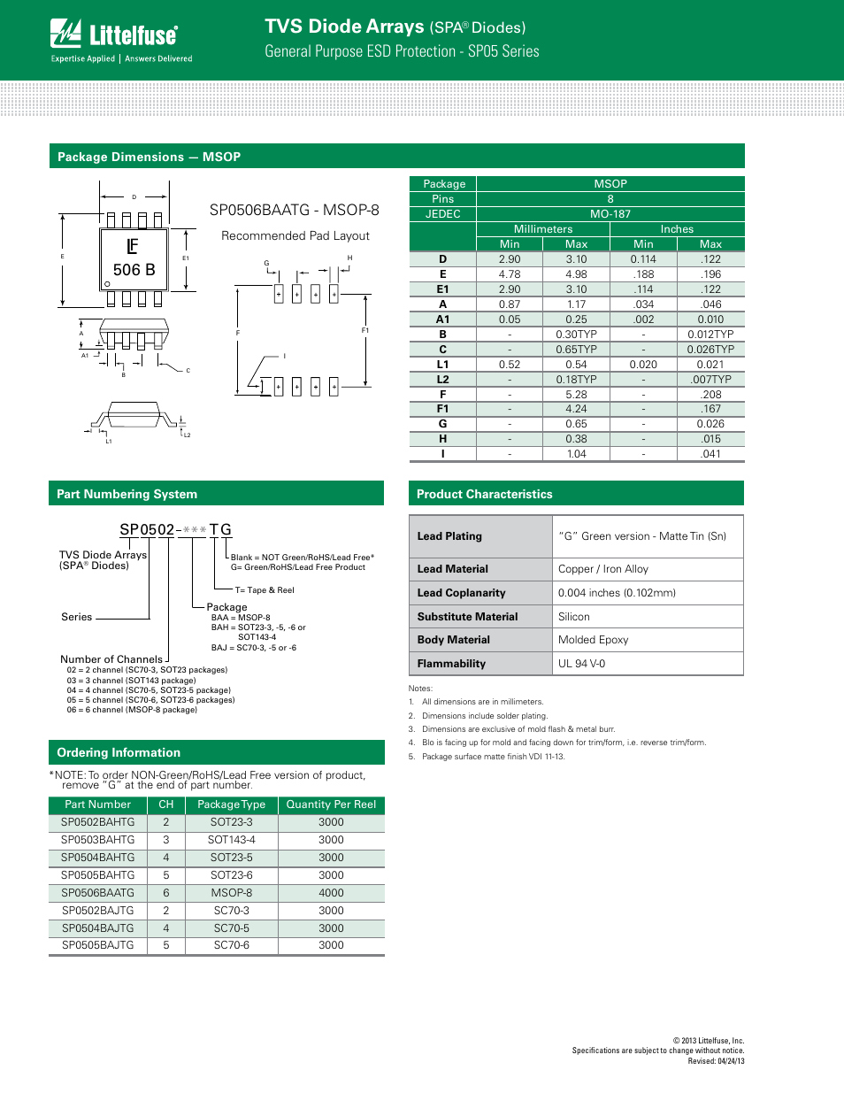 Tvs diode arrays, General purpose esd protection - sp05 series, 506 b | Diodes), Sp0502 *** tg | Littelfuse SP050xBA Lead-Free_Green Series User Manual | Page 6 / 9