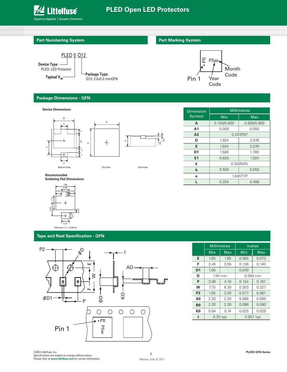 Pin 1, Pled open led protectors, Pled 5 q | Ao p d1, Month code year code | Littelfuse PLED 5 QFN Series User Manual | Page 3 / 3
