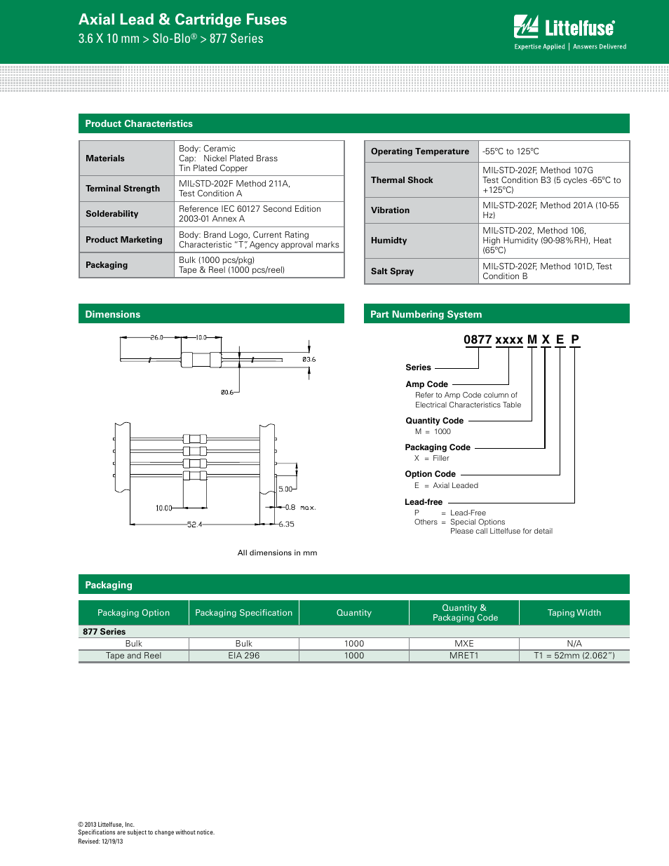 Axial lead & cartridge fuses, 6 x 10 mm > slo-blo, 877 series | Littelfuse 877 Series User Manual | Page 3 / 3