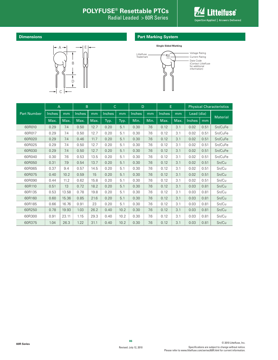 Polyfuse, Resettable ptcs, Radial leaded > 60r series | Littelfuse 60R Series User Manual | Page 4 / 7