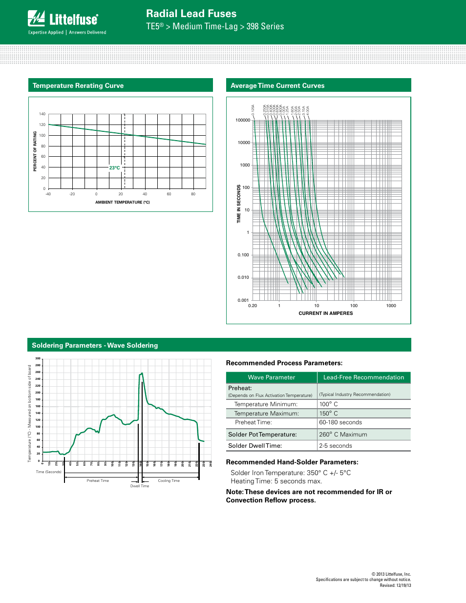 Radial lead fuses, Medium time-lag > 398 series, Average time current curves | Soldering parameters - wave soldering, Wave parameter lead-free recommendation preheat, Temperature minimum: 100, Ctemperature maximum: 150, C maximum solder dwell time: 2-5 seconds | Littelfuse 398 Series User Manual | Page 2 / 3