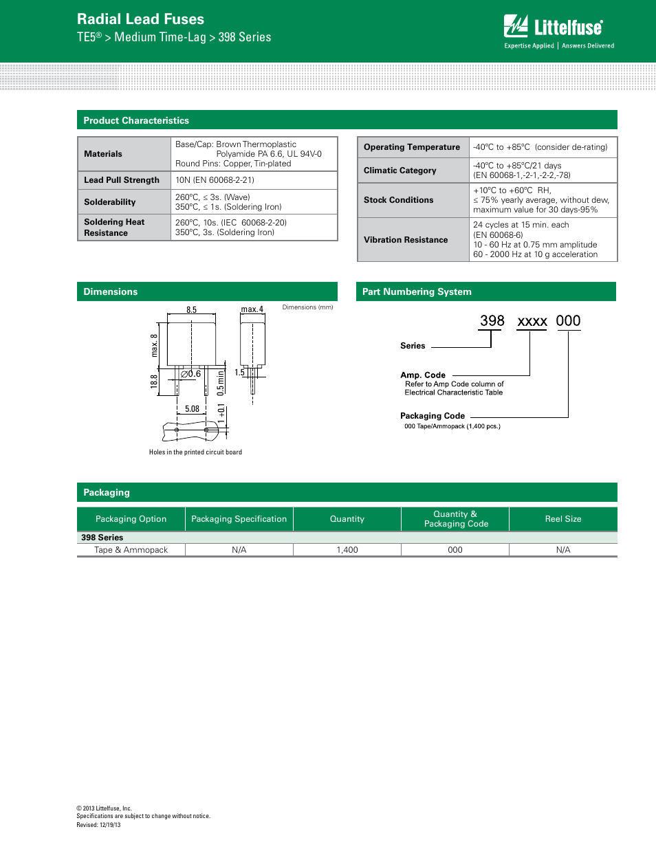 Radial lead fuses, Medium time-lag > 398 series | Littelfuse 398 Series User Manual | Page 3 / 3