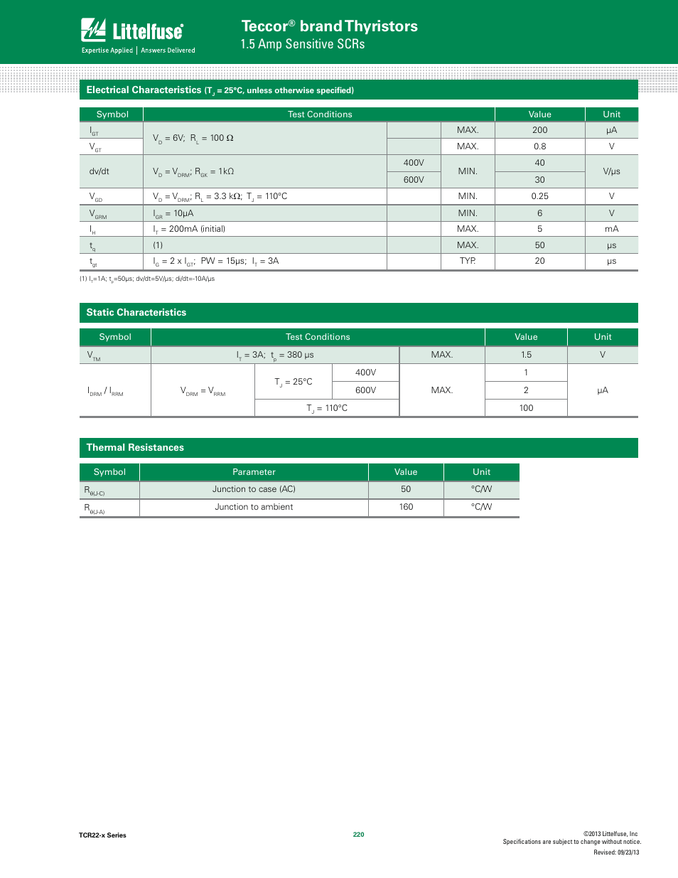 Teccor, Brand thyristors, 5 amp sensitive scrs | Littelfuse TCR22-x Series User Manual | Page 2 / 8