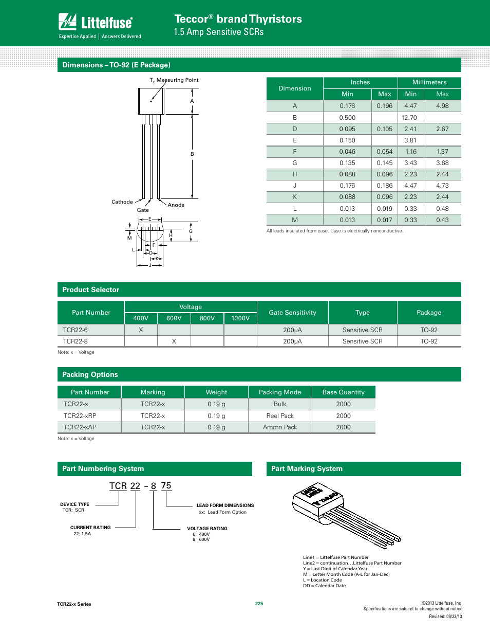 Teccor, Brand thyristors, 5 amp sensitive scrs | Tcr 22 8 | Littelfuse TCR22-x Series User Manual | Page 7 / 8