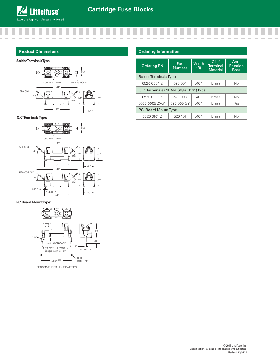 Cartridge fuse blocks, Product dimensions, Ordering information | Littelfuse 520 Series User Manual | Page 2 / 2