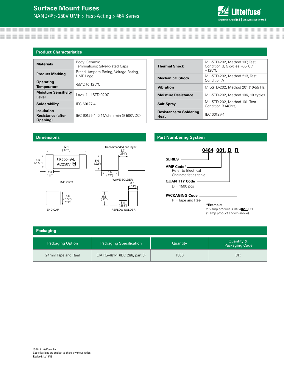 Surface mount fuses, Nano | Littelfuse 464 Series User Manual | Page 3 / 3