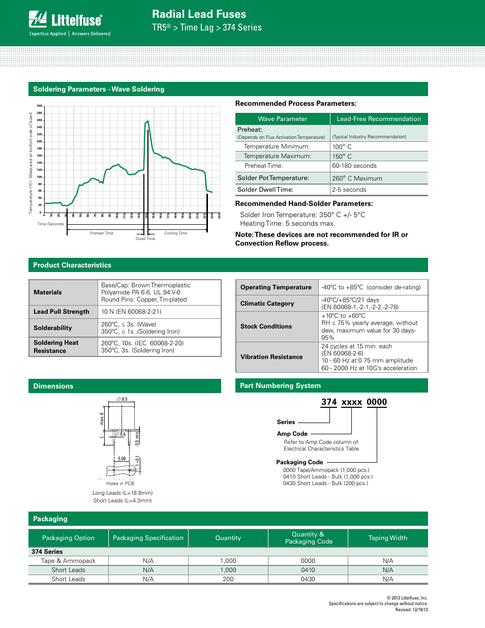 Radial lead fuses, Time lag > 374 series, Product characteristics | Dimensions, Packaging | Littelfuse 374 Series User Manual | Page 3 / 3