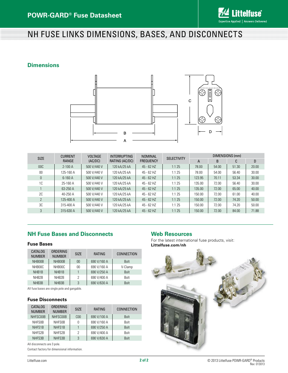 Nh fuse links dimensions, bases, and disconnects, Powr-gard, Fuse datasheet | Nh fuse bases and disconnects, Dimensions web resources | Littelfuse NHB Series User Manual | Page 2 / 2