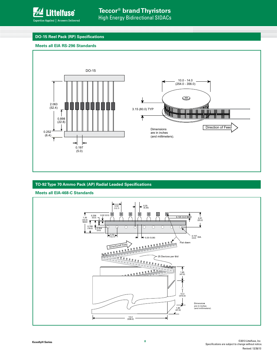 Teccor, Brand thyristors, High energy bidirectional sidacs | Do-15 reel pack (rp) specifications, Meets all eia-468-c standards | Littelfuse Kxxx0yH Series User Manual | Page 8 / 10