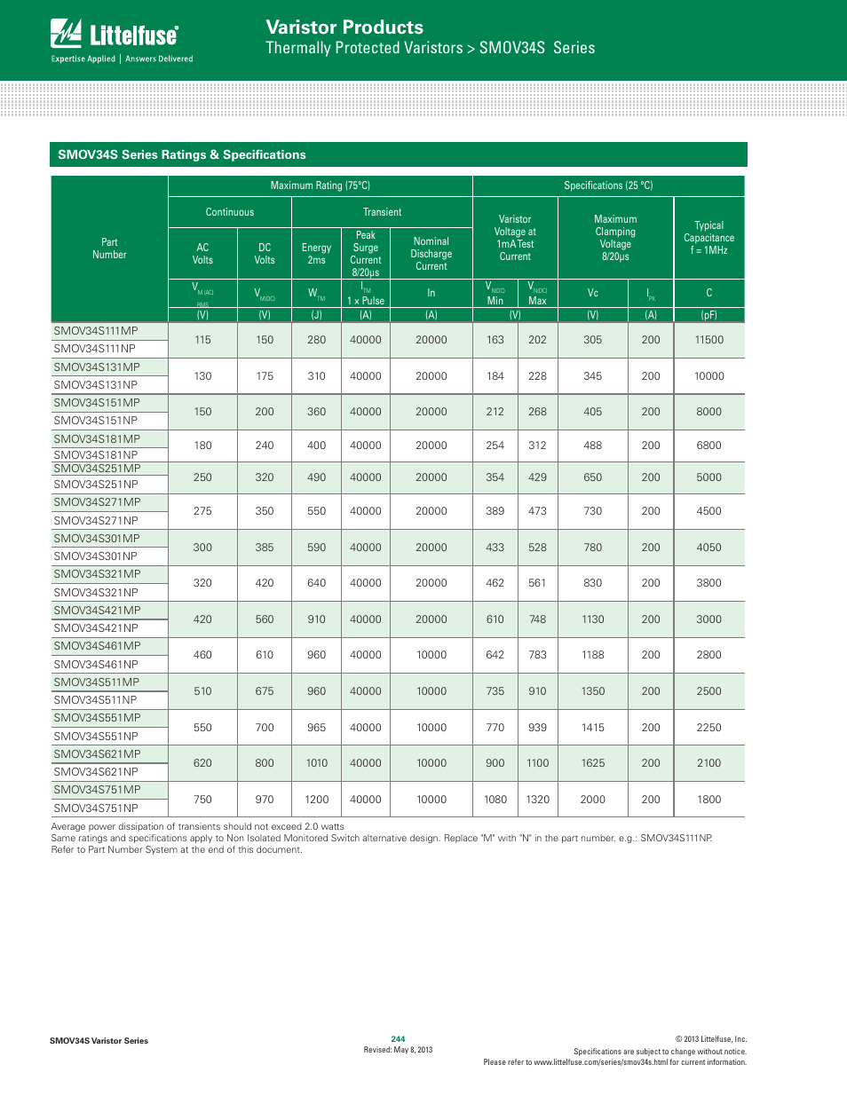 Varistor products, Thermally protected varistors > smov34s series | Littelfuse SMOV34S Varistor Series User Manual | Page 2 / 6