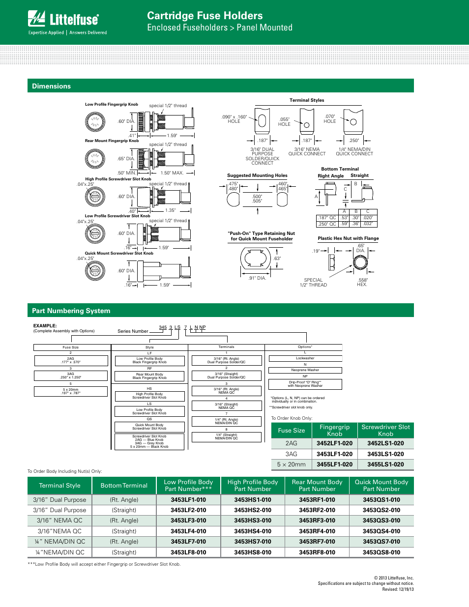 Cartridge fuse holders, Enclosed fuseholders > panel mounted, Part numbering system | Dimensions | Littelfuse 345_b_k Series User Manual | Page 2 / 2