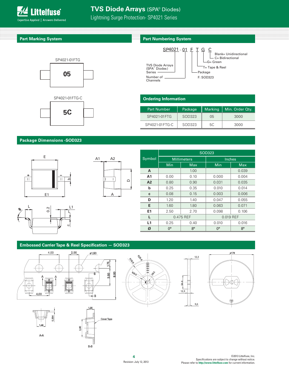 Part marking system, Part numbering system, Ordering information | Package info, Dimensions -sod323, Tape & reel specification — sod323, 05 5c, Tvs diode arrays, Lightning surge protection- sp4021 series, Diodes) | Littelfuse SP4021 Series User Manual | Page 4 / 4