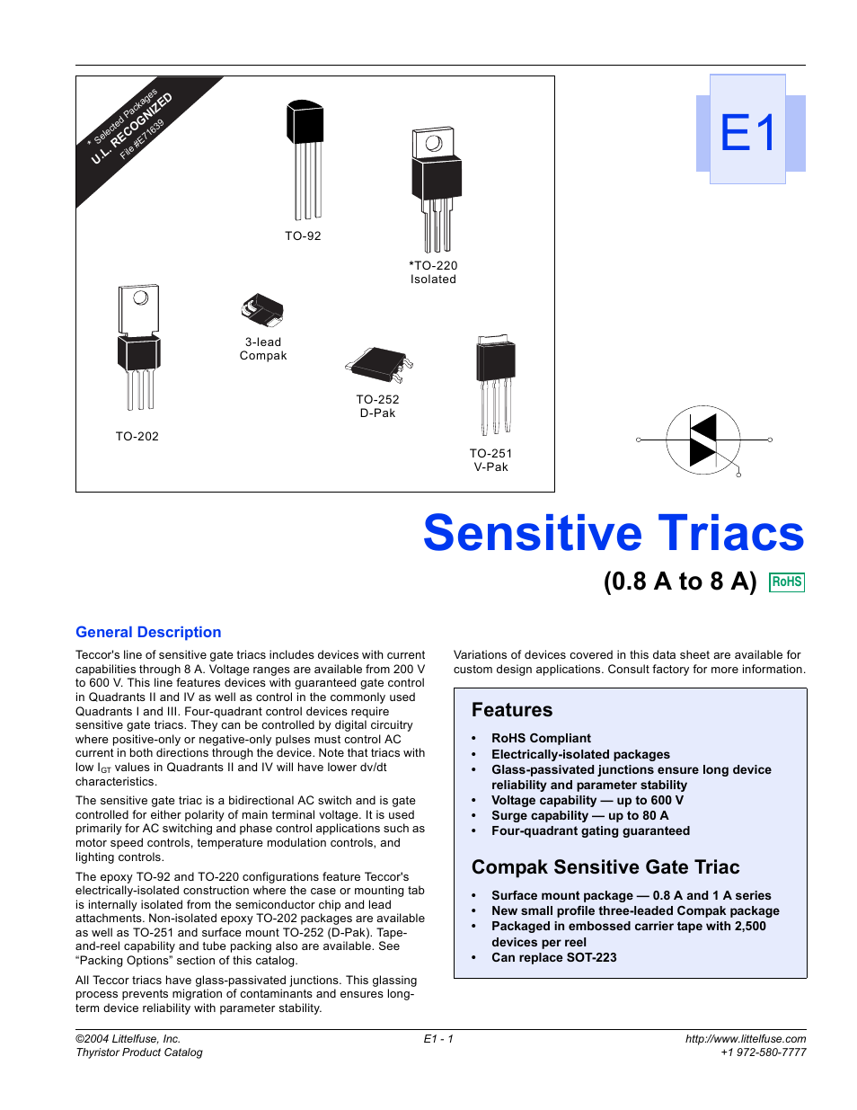 Littelfuse E1 Sensitive Triacs User Manual | 8 pages