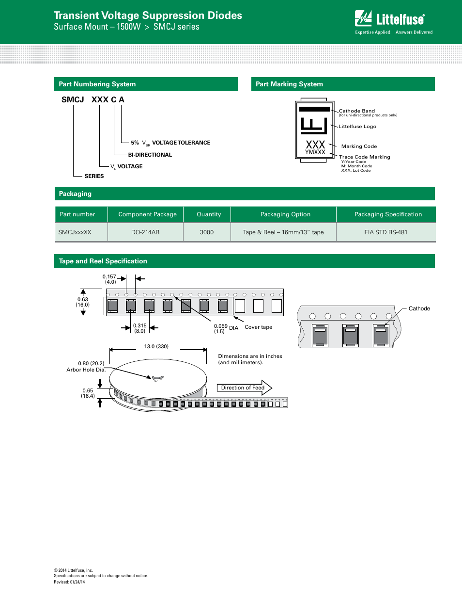 Transient voltage suppression diodes, Surface mount – 1500w > smcj series, Smcj xxx c a | Littelfuse SMCJ Series User Manual | Page 6 / 6