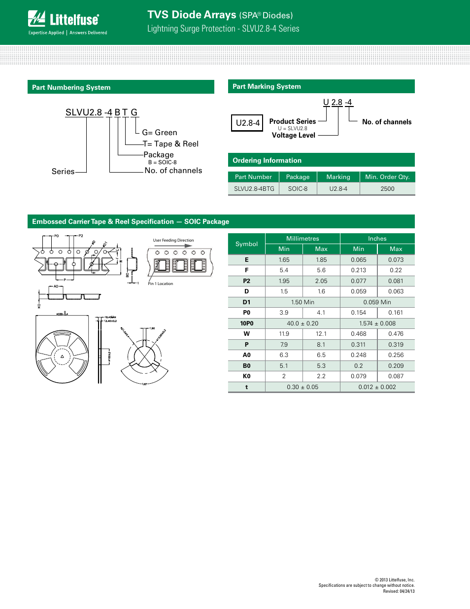 Tvs diode arrays, Lightning surge protection - slvu2.8-4 series, Slvu2.8 b t g | Diodes) | Littelfuse SLVU2.8-4 Series User Manual | Page 4 / 4