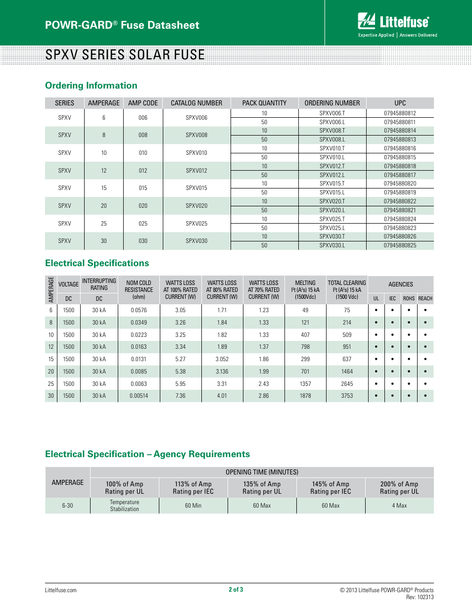 Spxv series solar fuse, Powr-gard, Fuse datasheet | Electrical specifications ordering information, Electrical specification – agency requirements | Littelfuse SPXV Series User Manual | Page 2 / 3