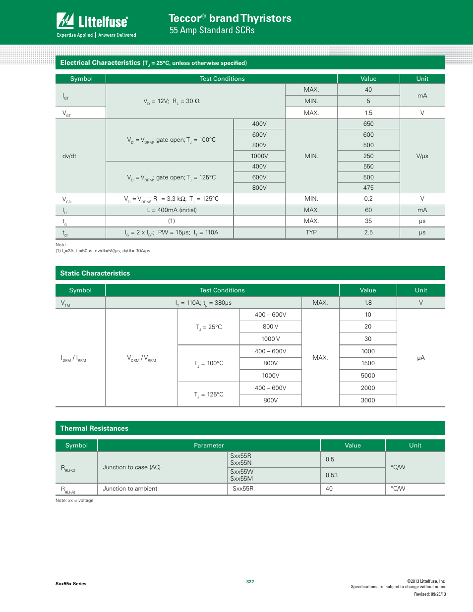 Teccor, Brand thyristors, 55 amp standard scrs | Littelfuse Sxx55x Series User Manual | Page 2 / 9