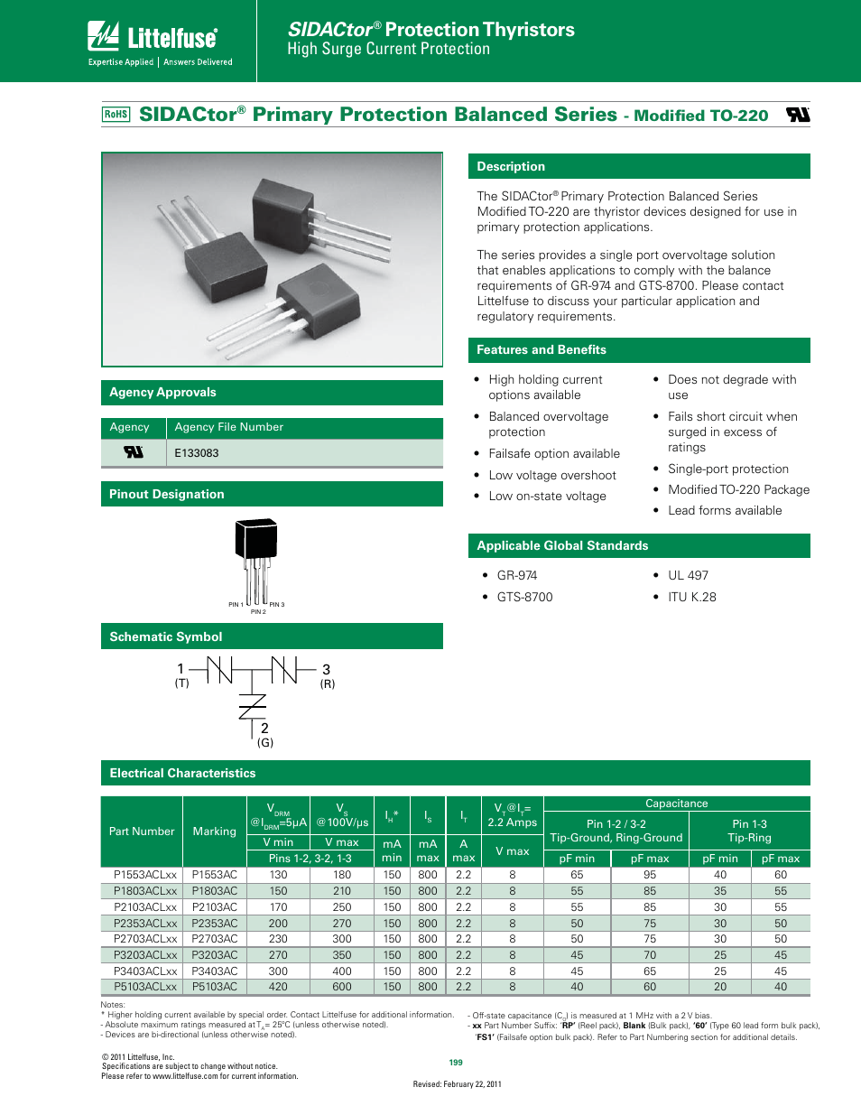 Littelfuse SIDACtor Primary Protection Balanced Series TO-220 User Manual | 4 pages