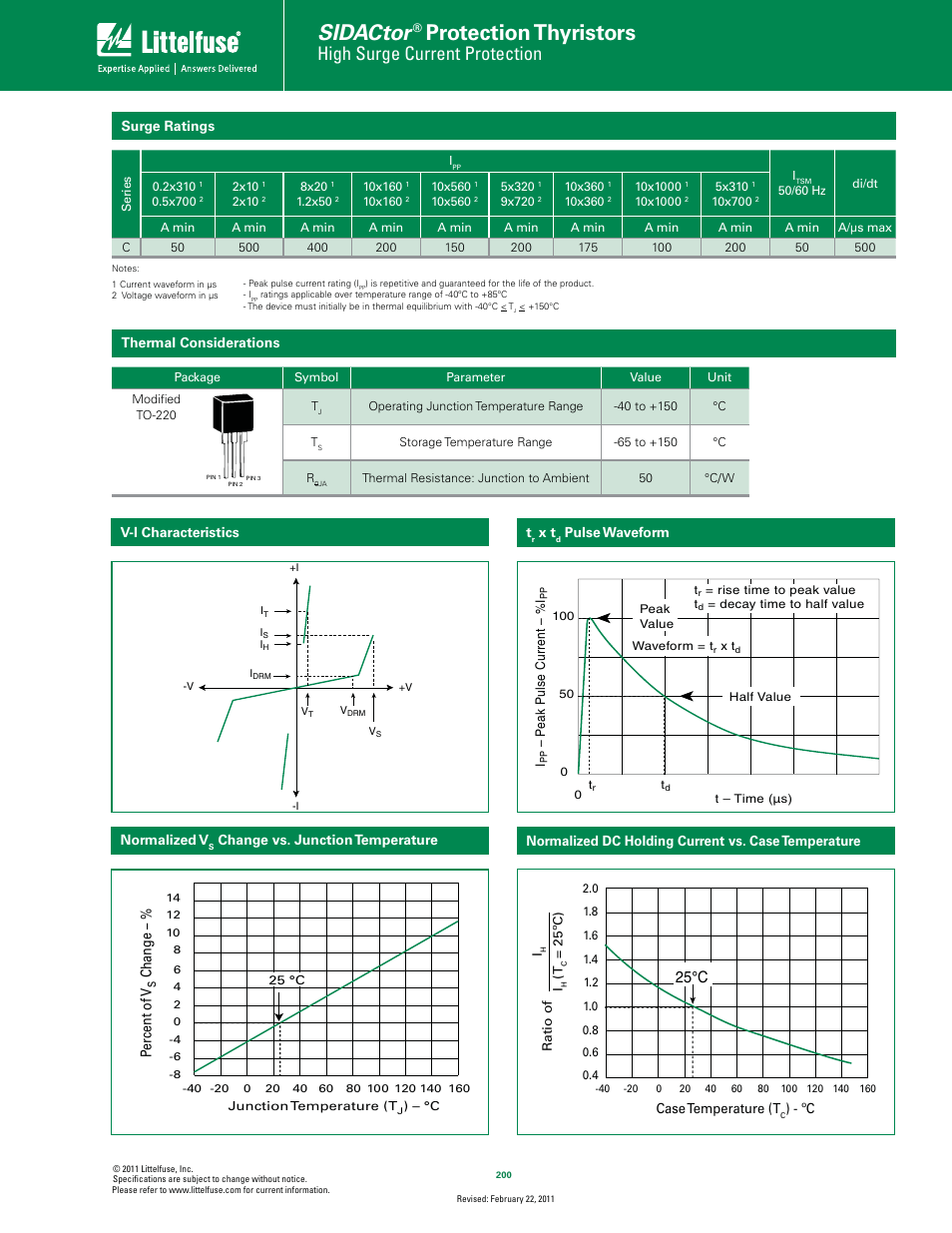 Sidactor, Protection thyristors, High surge current protection | 25°c | Littelfuse SIDACtor Primary Protection Balanced Series TO-220 User Manual | Page 2 / 4