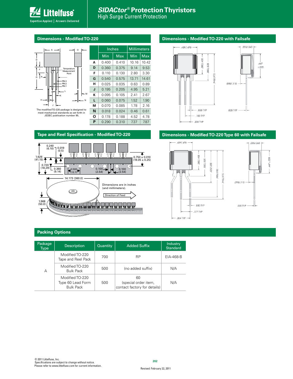 Sidactor, Protection thyristors, High surge current protection | Packing options, Dimensions - modiﬁed to-220 | Littelfuse SIDACtor Primary Protection Balanced Series TO-220 User Manual | Page 4 / 4