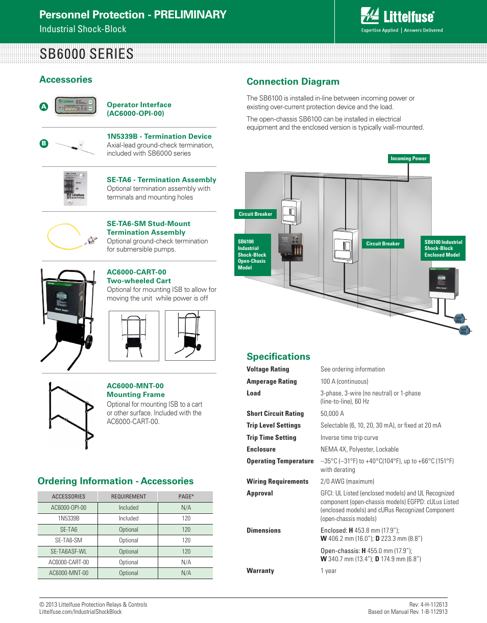 Sb6000 series, Personnel protection - preliminary, Specifications | Accessories, Ordering information - accessories, Connection diagram, Industrial shock-block | Littelfuse AC6000 Industrial Shock-Block Cart Series User Manual | Page 2 / 2