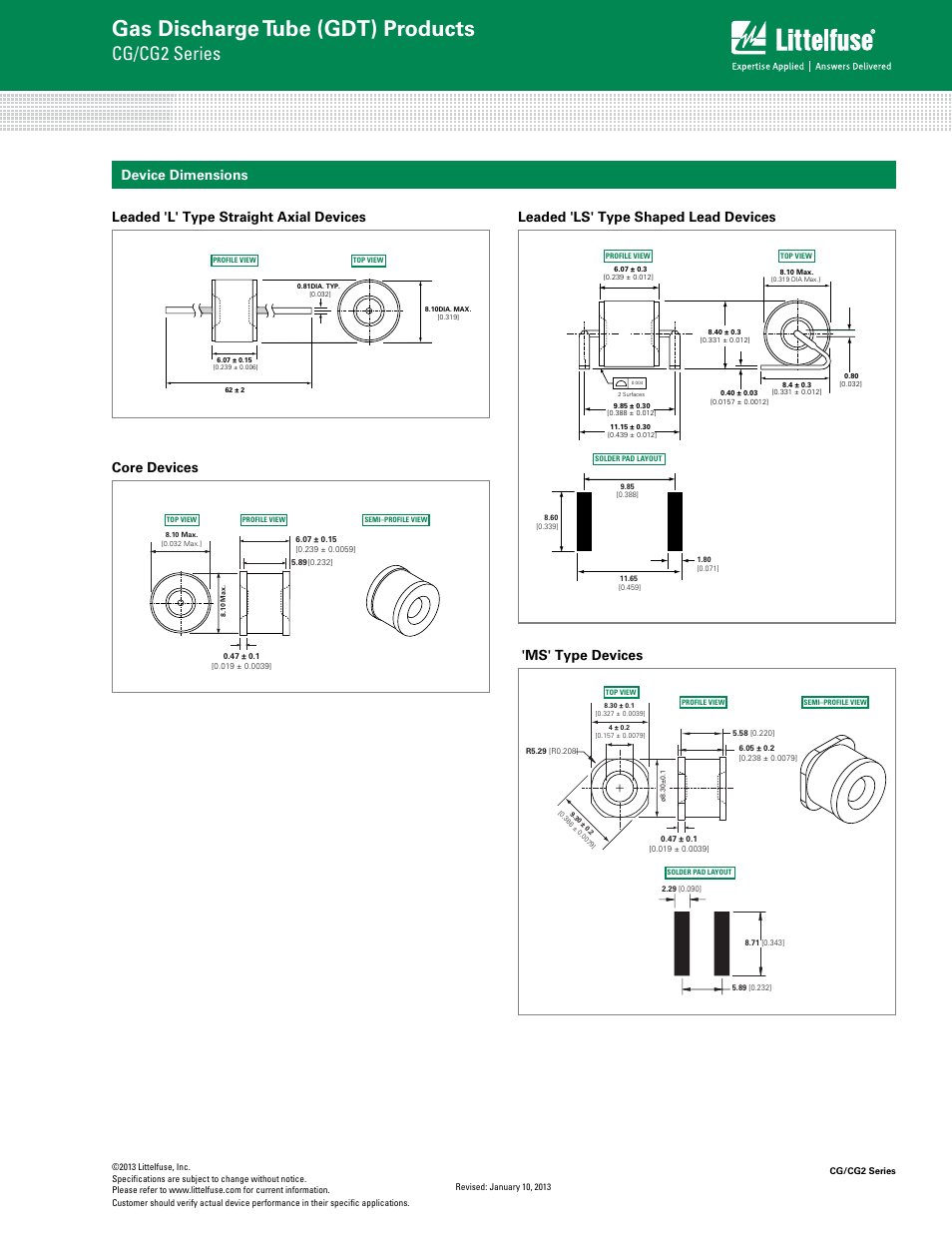 Gas discharge tube (gdt) products, Cg/cg2 series, Surface mount (ms) dimensions | Device dimensions, Shaped lead | Littelfuse CG_CG2 SN Series User Manual | Page 3 / 6