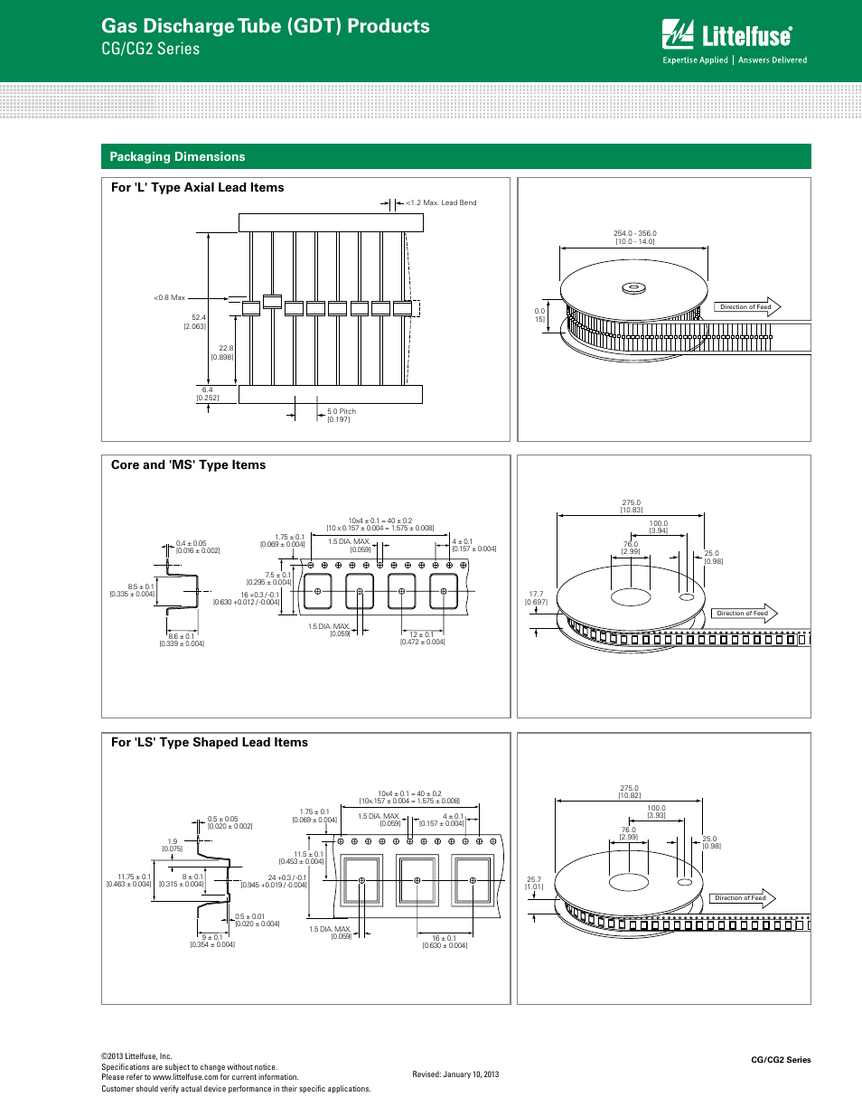 Gas discharge tube (gdt) products, Cg/cg2 series, Packaging dimensions | For 'ls' type shaped lead items | Littelfuse CG_CG2 SN Series User Manual | Page 5 / 6