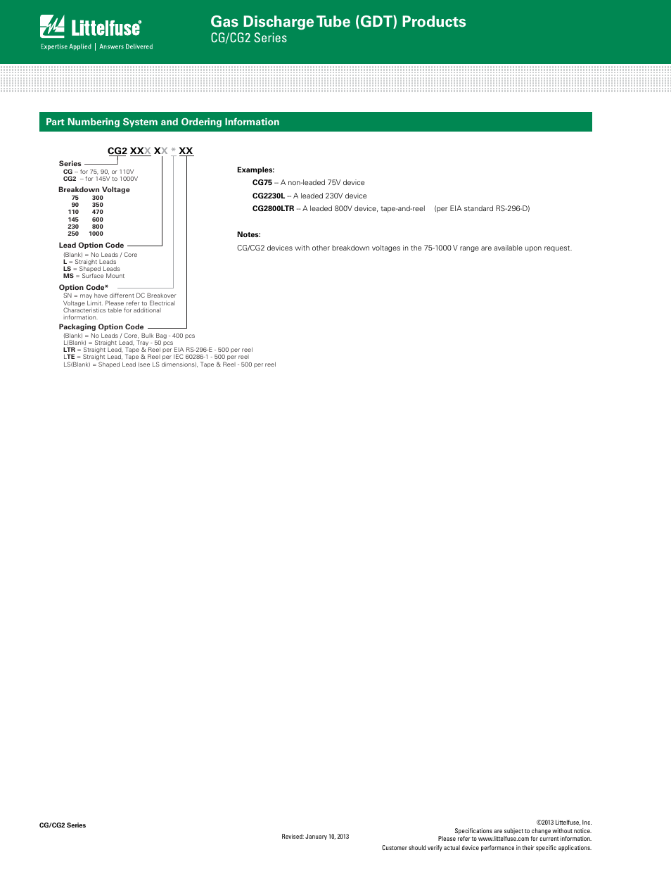 Gas discharge tube (gdt) products, Cg/cg2 series, Part numbering system and ordering information | Littelfuse CG_CG2 SN Series User Manual | Page 6 / 6