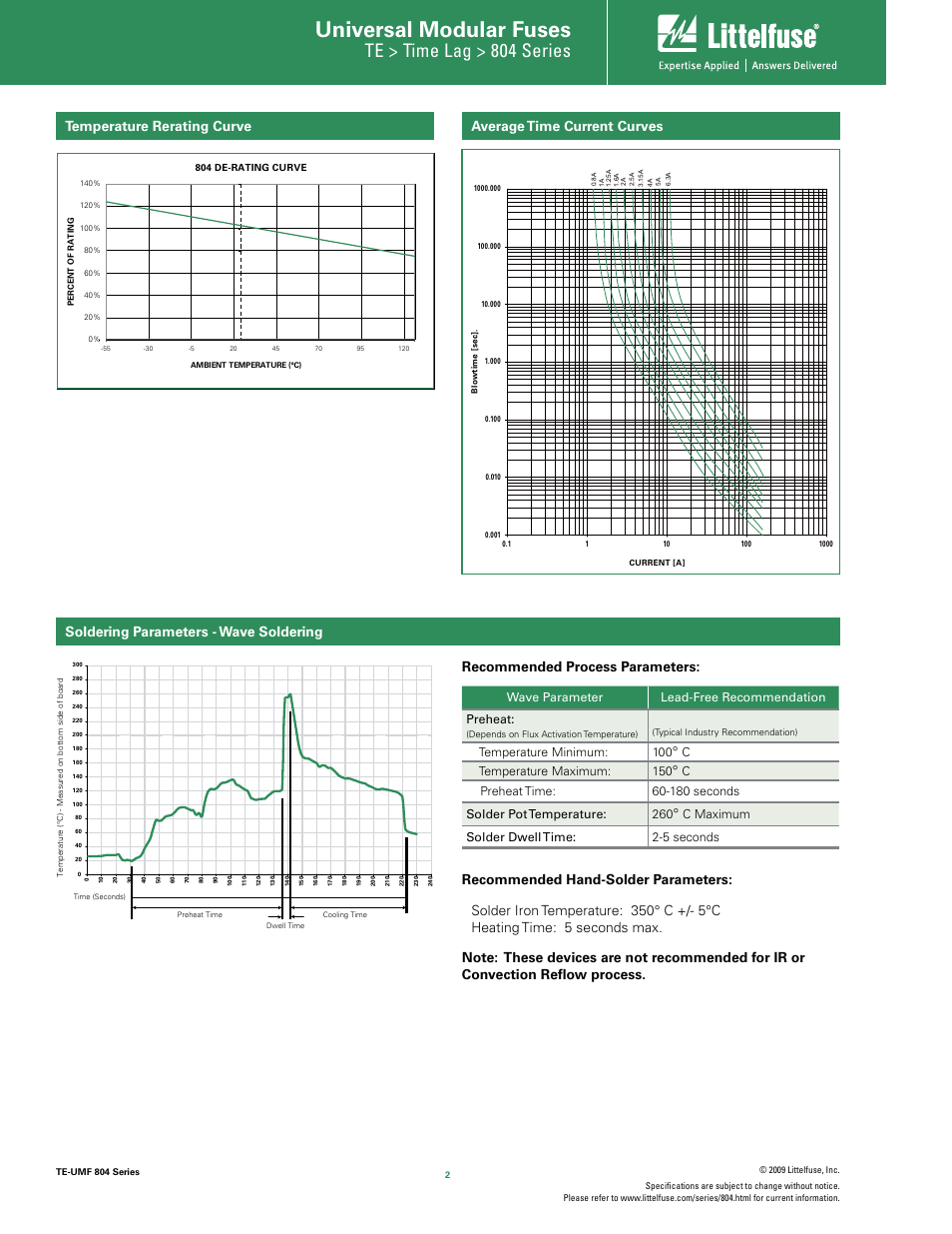 Introduction to circuit protection, Universal modular fuses, Transientology | Te > time lag > 804 series, Wave parameter lead-free recommendation preheat, Temperature minimum: 100, Ctemperature maximum: 150, C maximum solder dwell time: 2-5 seconds | Littelfuse 804 Series User Manual | Page 2 / 3