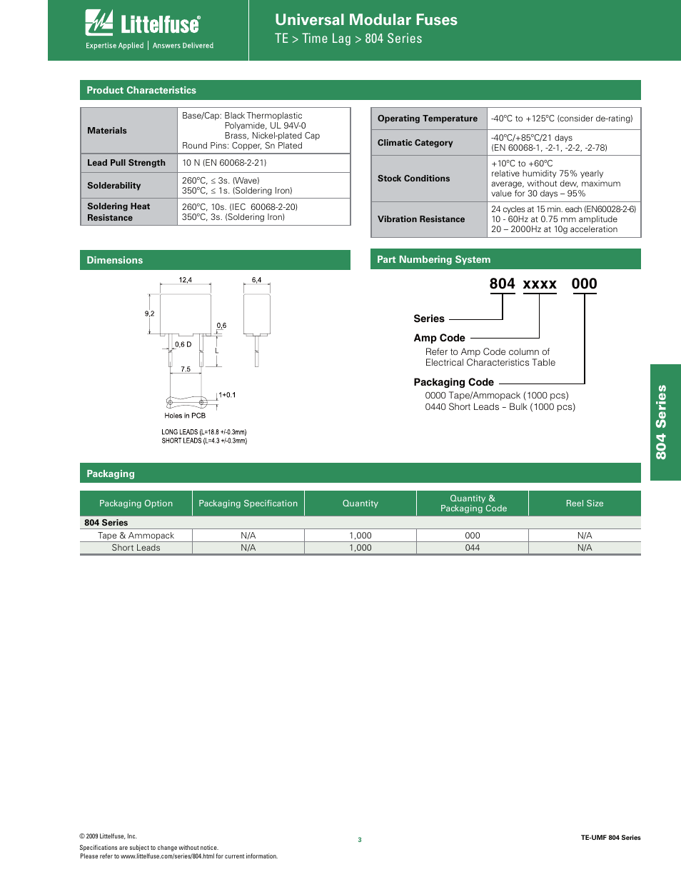 Universal modular fuses, 804 series, Te > time lag > 804 series | Littelfuse 804 Series User Manual | Page 3 / 3